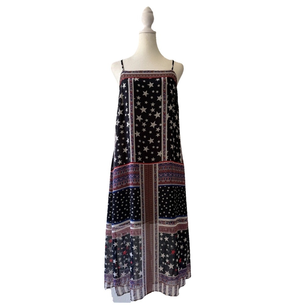 Avec Les Filles Midi Dress Womens S Navy Star Paisley Americana Festival Boho